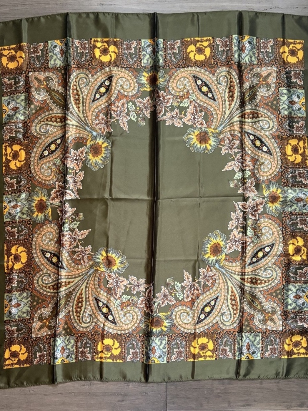 Olive & Beige Satin Square Scarf Boho Floral Paisley Earth Tone Neck Scarf Women